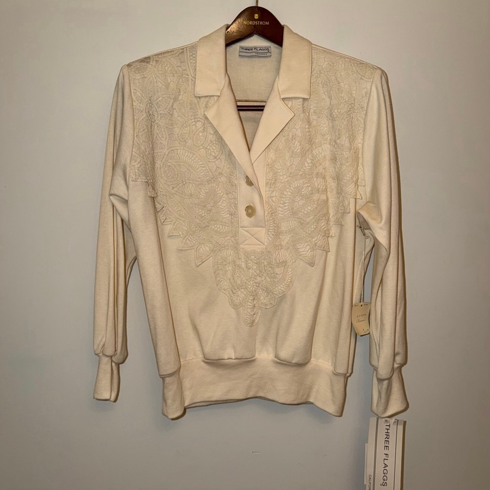 L Three Flaggs California Lace Pullover Top NWT Cream Coquette Cottagecore VTG